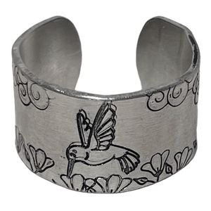 Handmade 9 stamped humming bird & floral‎ silver rounded edges wide cuff ring